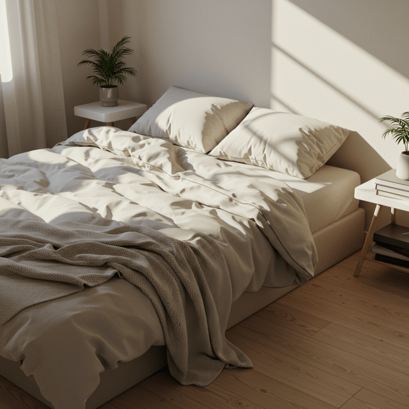 Tvarkingai paklota lova jaukiame miegamajame su pagalvėlėmis ir šviesia patalyne