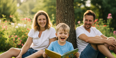 Vaikas su šeima pramogauja vasaros metu parke, mėgaujasi poilsiu ir bendravimu.
