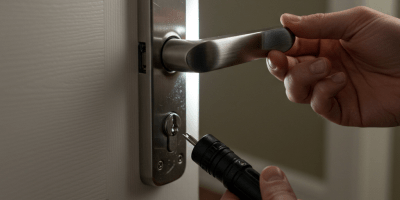 Asmuo tikrina užstrigusią durų spyną iš arti, matomas nusidėvėjęs mechanizmas