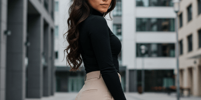 Moteris dėvinti figūrą pabrėžiančias kelnes, stovinti elegantiškoje miesto aplinkoje.