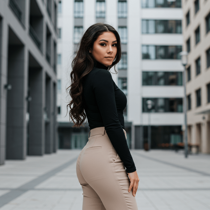 Moteris dėvinti figūrą pabrėžiančias kelnes, stovinti elegantiškoje miesto aplinkoje.