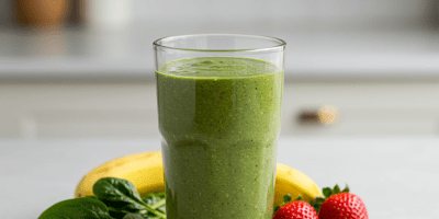 Pavasarinis vaisių ir daržovių glotnutis ant virtuvės stalo