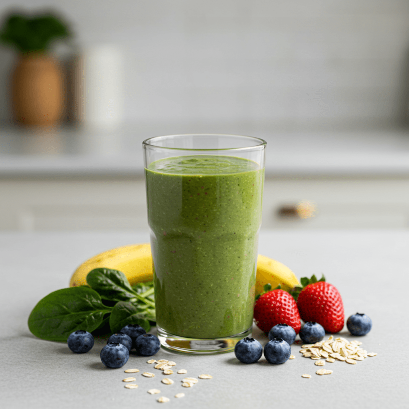 Pavasarinis vaisių ir daržovių glotnutis ant virtuvės stalo