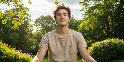 Jaunuolis atsipalaiduoja gamtoje po egzaminų, mėgaujasi ramybe ir poilsiu