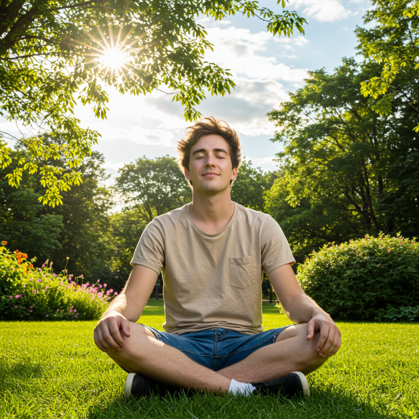 Jaunuolis atsipalaiduoja gamtoje po egzaminų, mėgaujasi ramybe ir poilsiu