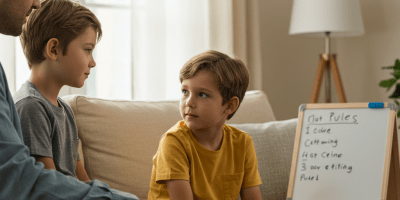 Tėvas ir vaikas kalbasi namuose apie šeimos taisykles.