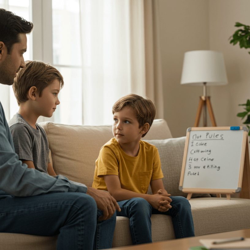 Tėvas ir vaikas kalbasi namuose apie šeimos taisykles.