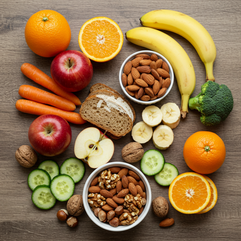 Sveiki užkandžiai, tokie kaip vaisiai, daržovės ir riešutai.