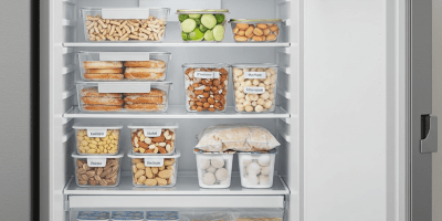 Įvairūs užšaldyti maisto produktai sandariose dėžutėse moderniame šaldiklyje