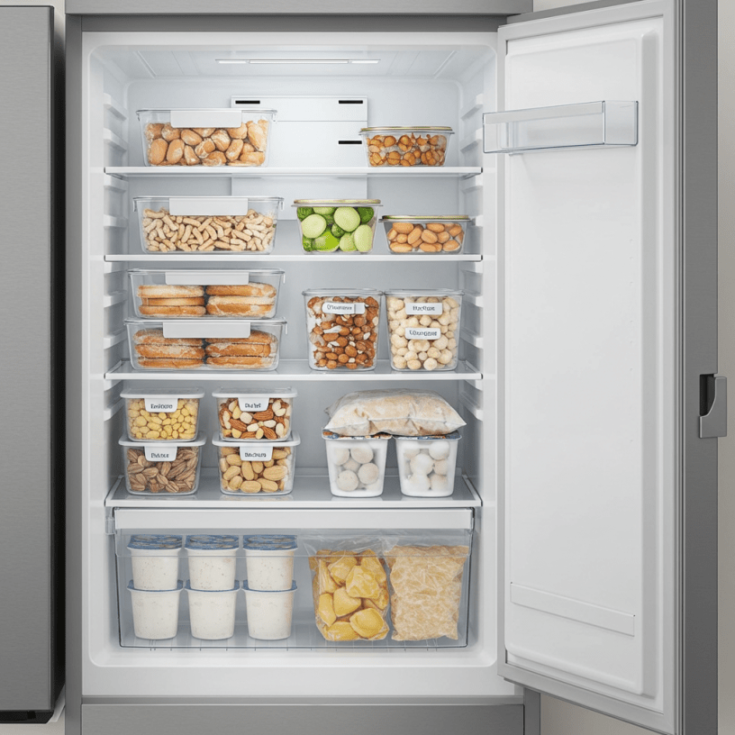 Įvairūs užšaldyti maisto produktai sandariose dėžutėse moderniame šaldiklyje