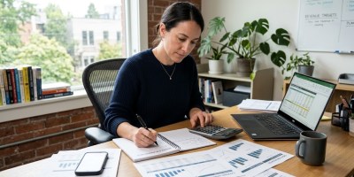 Verslo savininkas analizuoja finansinius dokumentus, skaičiuoja išlaidas ir planuoja įmonės biudžetą prie darbo stalo.